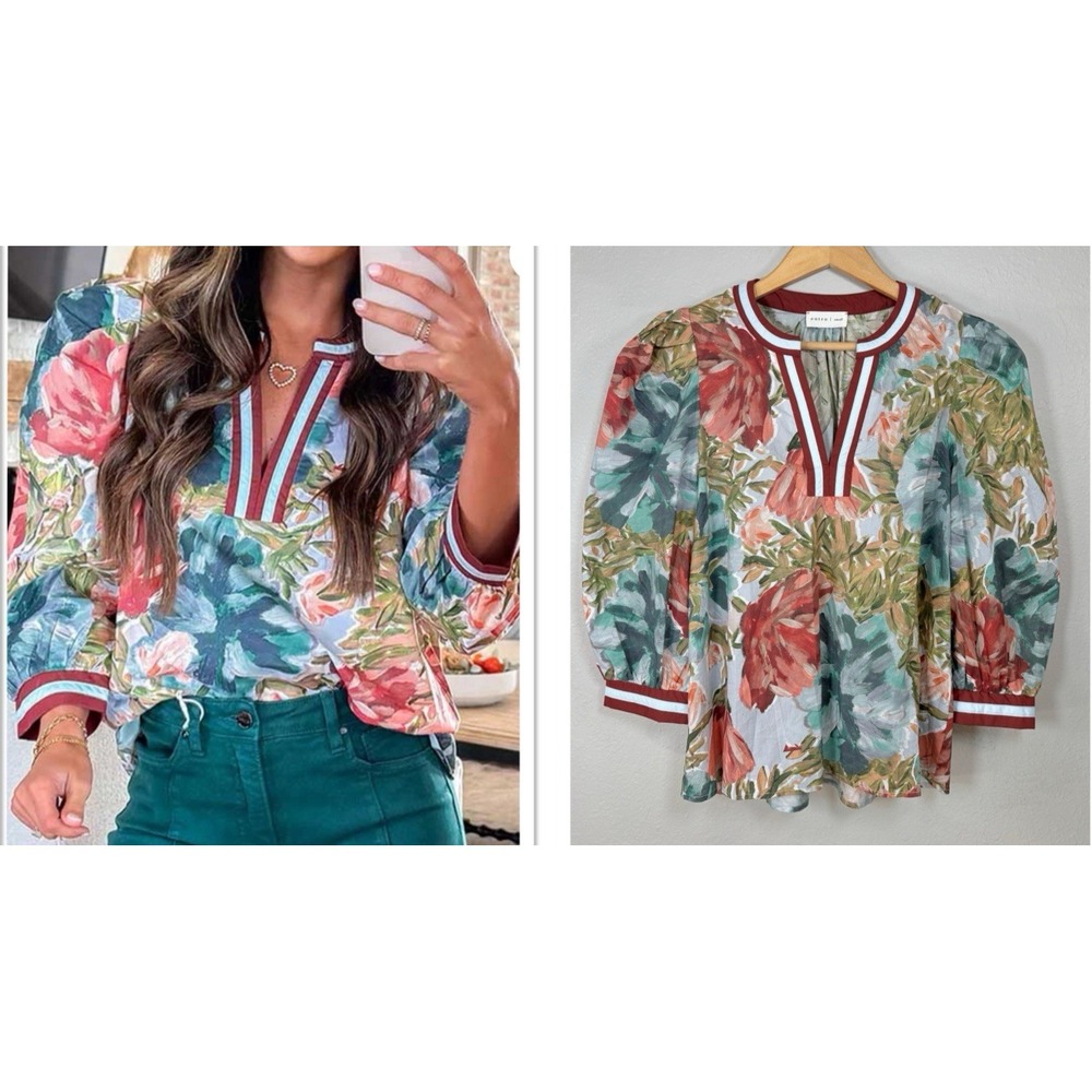 entro Floral V-Neck Puff Sleeve Blouse in Teal, Coral, Olive